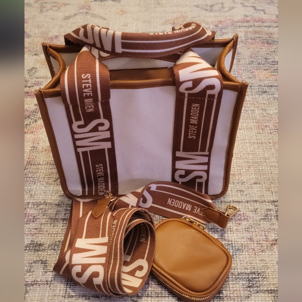 Steve Madden Tan and Cream Tote with Logo Straps